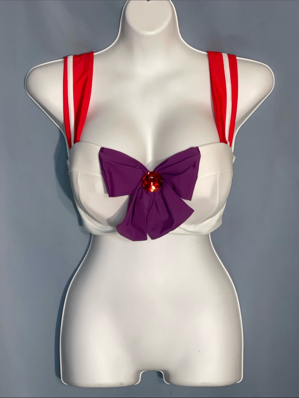 Hot Topic White Bustier with Red Straps and Purple Bow Accent